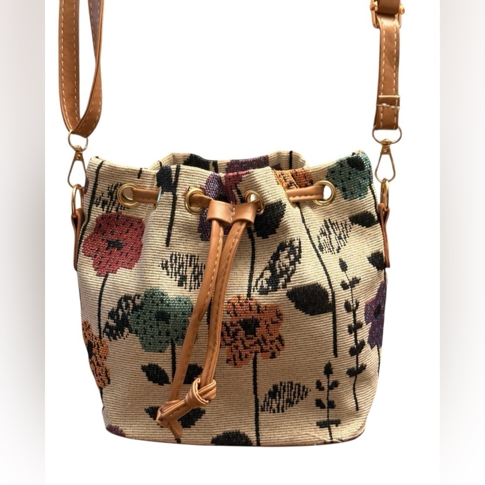 Floral Pattern Fabric Drawstring Small Beige Bohemian Bucket Bag